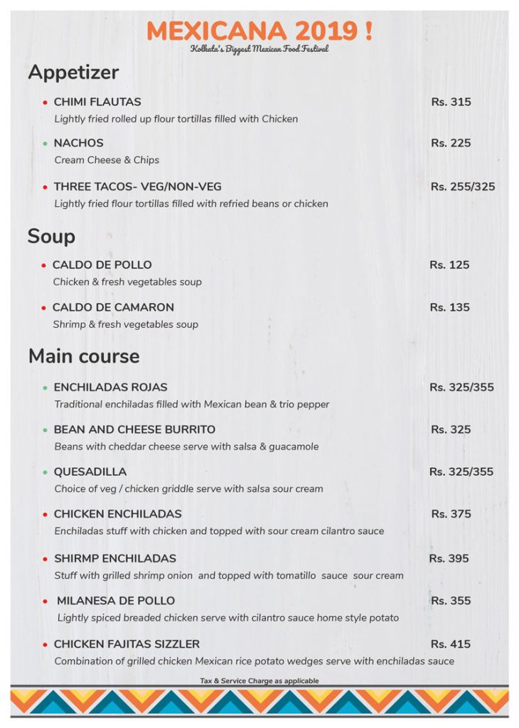 Menu Mexican Food festival Kolkata Mexicana 2019 -Nest- Howard Johnson Kolkata