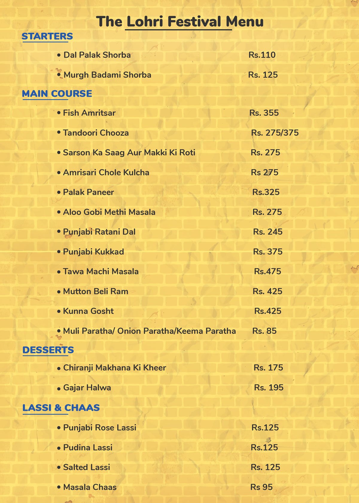 The Lohri Food Festival Menu Howard Johnson Kolkata